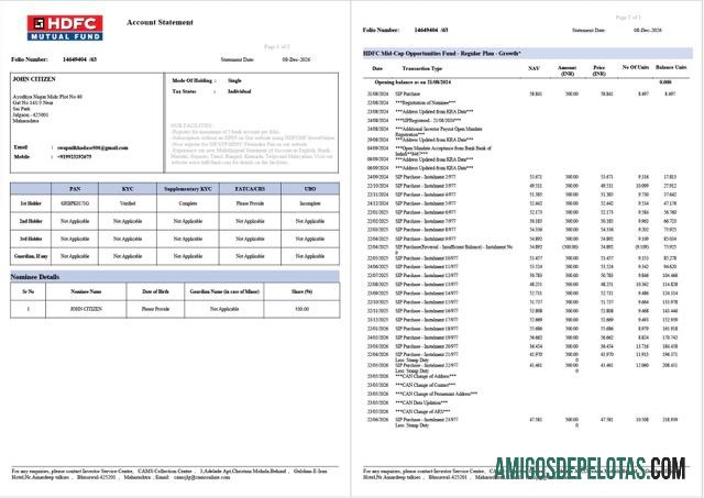 em branco Índia HDFC Extrato de conta bancária modelo Word e PDF, 2 páginas, versão 2